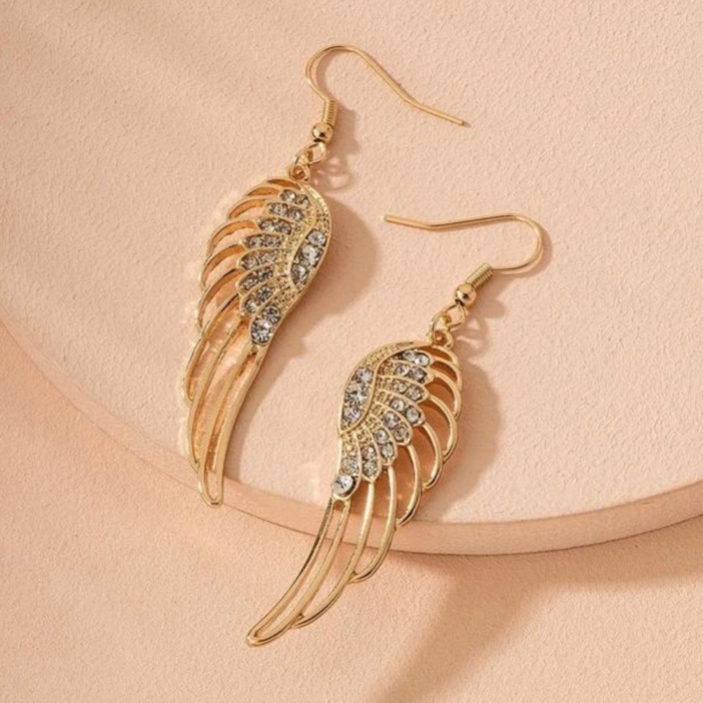 Gold & Rhinestone Wing Drop Earrings - Picture 2 of 3